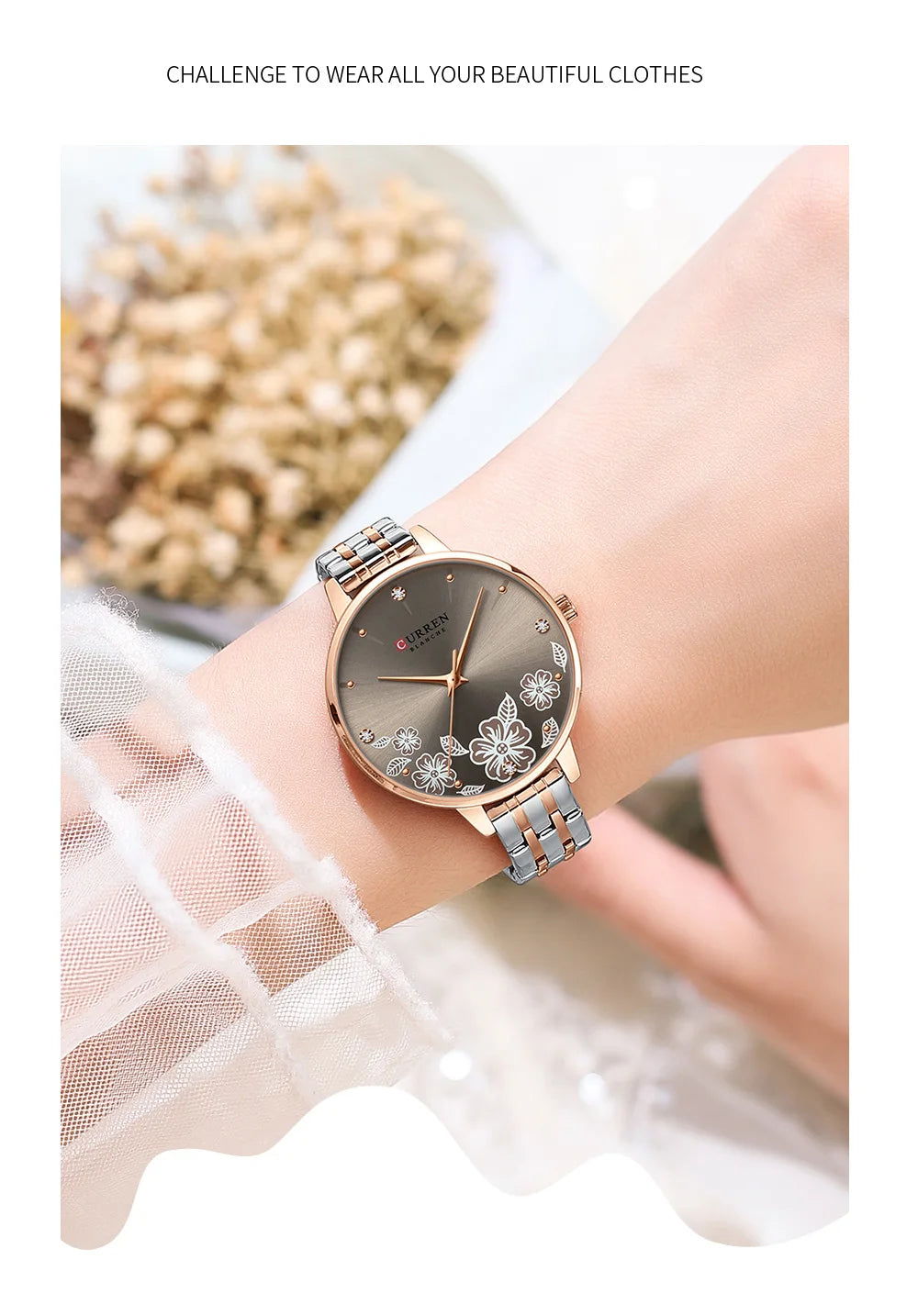CURREN-quartzo relógios para mulheres, simples pulseira de aço inoxidável, flor Design Dial, moda