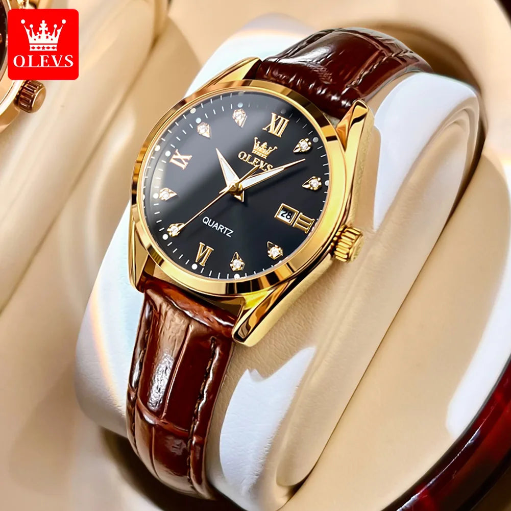 Olevs clássicos pulseira de couro relógio de quartzo para mulheres moda elegante diamante senhoras relógio à prova dwaterproof água data relógio de quartzo feminino