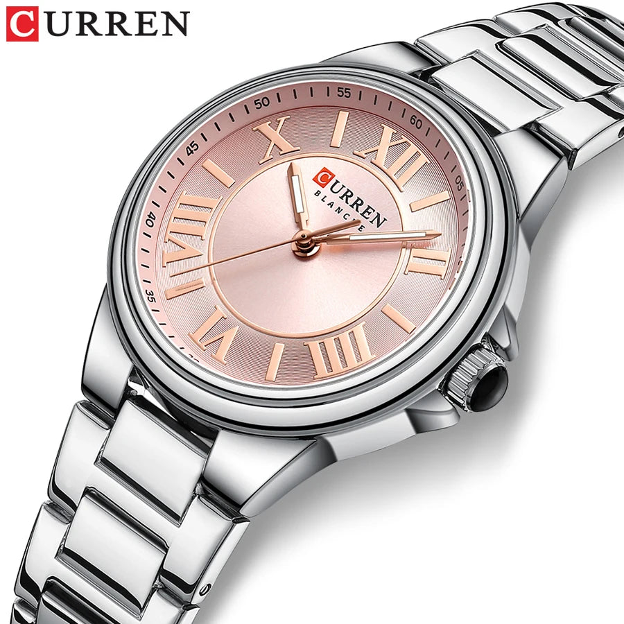 CURREN Charme Romântico Relógios de Pulso Feminino Design de Moda Relógio de Quartzo Fino com Mãos Luminosas Pulseira de Aço Inoxidável
