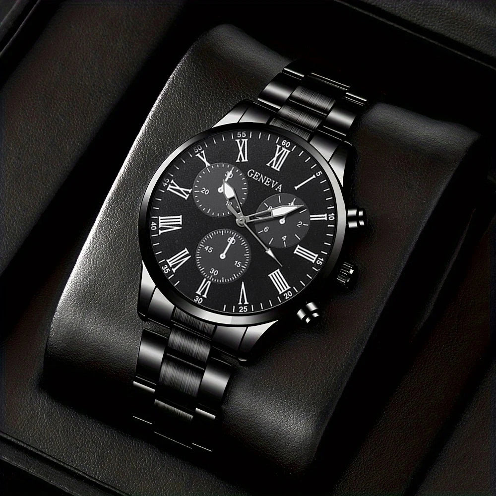 4 pçs moda masculina luxo relógio de pulso de quartzo spearhead pingente colar pulseira anel masculino negócios analógico relógios de aço inoxidável