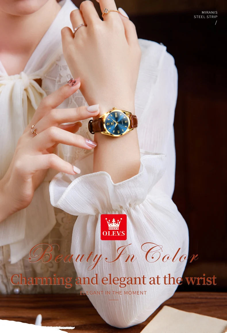 Olevs clássicos pulseira de couro relógio de quartzo para mulheres moda elegante diamante senhoras relógio à prova dwaterproof água data relógio de quartzo feminino