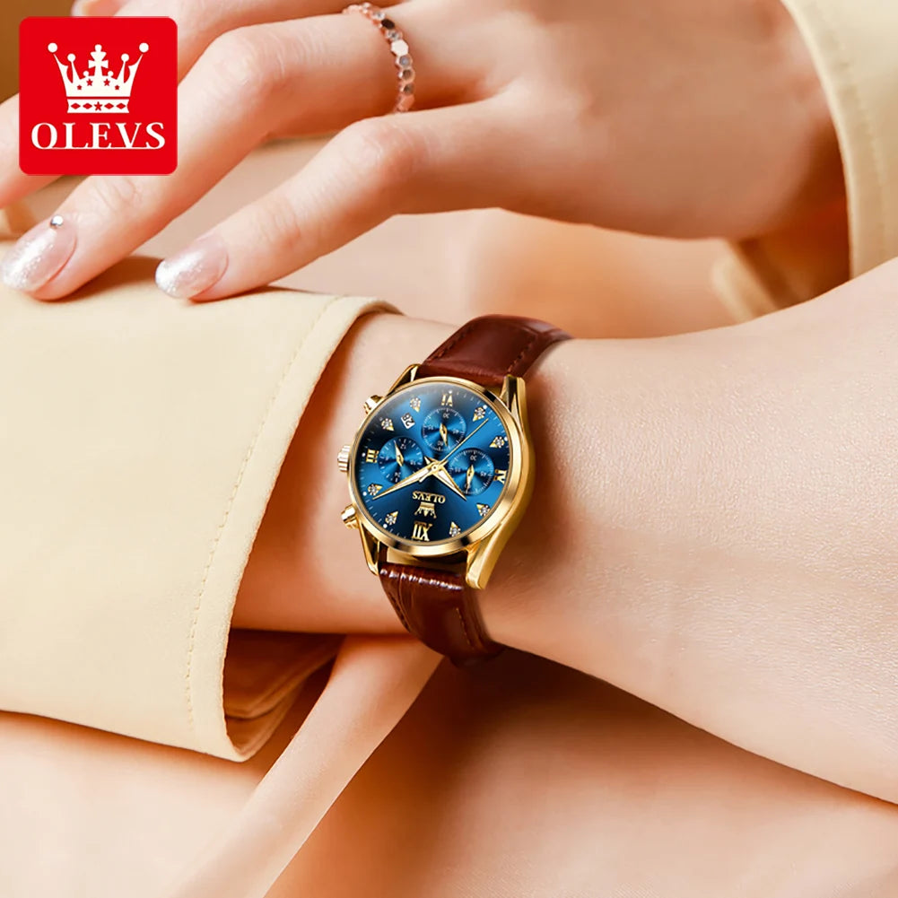 Olevs 5523 marca original relógios femininos moda à prova dwaterproof água pulseira de couro relógio de quartzo para senhora cronógrafo relógio de pulso luminoso
