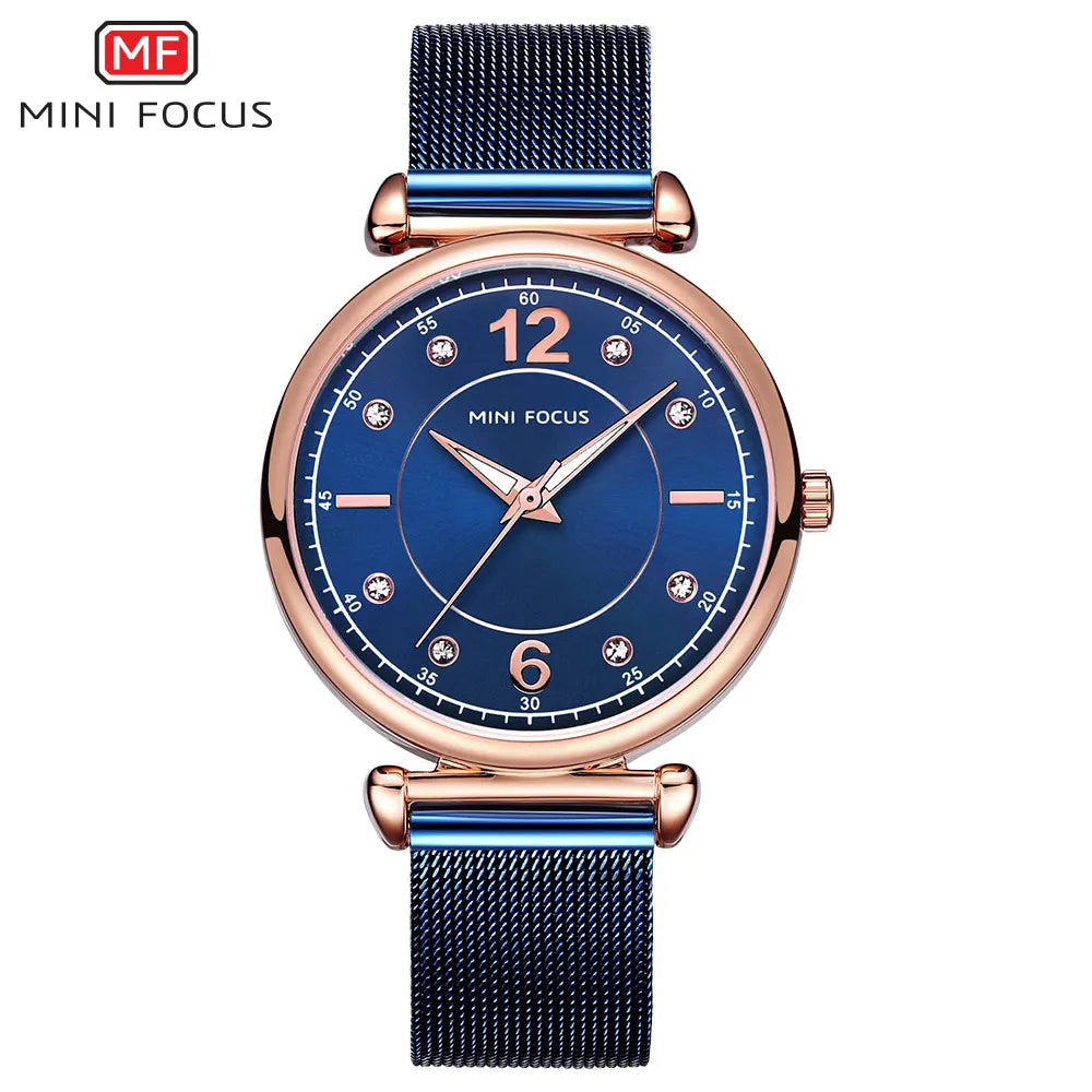 Mini foco 0177 elegante senhoras relógio de quartzo moda luminosa à prova dwaterproof água pulseira metal relógios casuais para mulher relojes de mujer