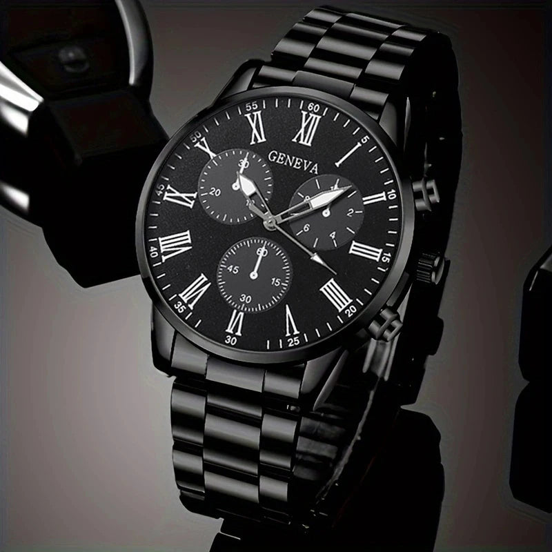 4 pçs moda masculina luxo relógio de pulso de quartzo spearhead pingente colar pulseira anel masculino negócios analógico relógios de aço inoxidável