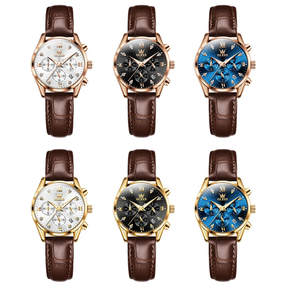 Olevs 5523 marca original relógios femininos moda à prova dwaterproof água pulseira de couro relógio de quartzo para senhora cronógrafo relógio de pulso luminoso