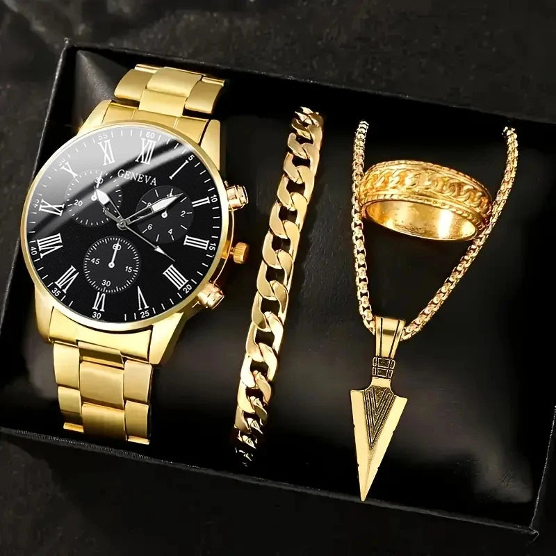 4 pçs moda masculina luxo relógio de pulso de quartzo spearhead pingente colar pulseira anel masculino negócios analógico relógios de aço inoxidável