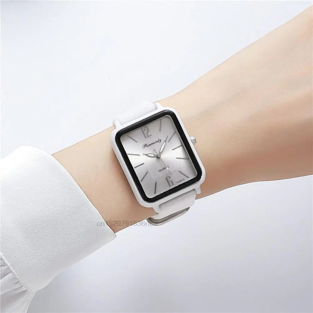 Relógios de Moda de Luxo Mulher em Silicone Qualidades Rectângulo de Quartzo Relógios de Pulso com Pulseira Simples Preto Branco Relógio Feminino Presente