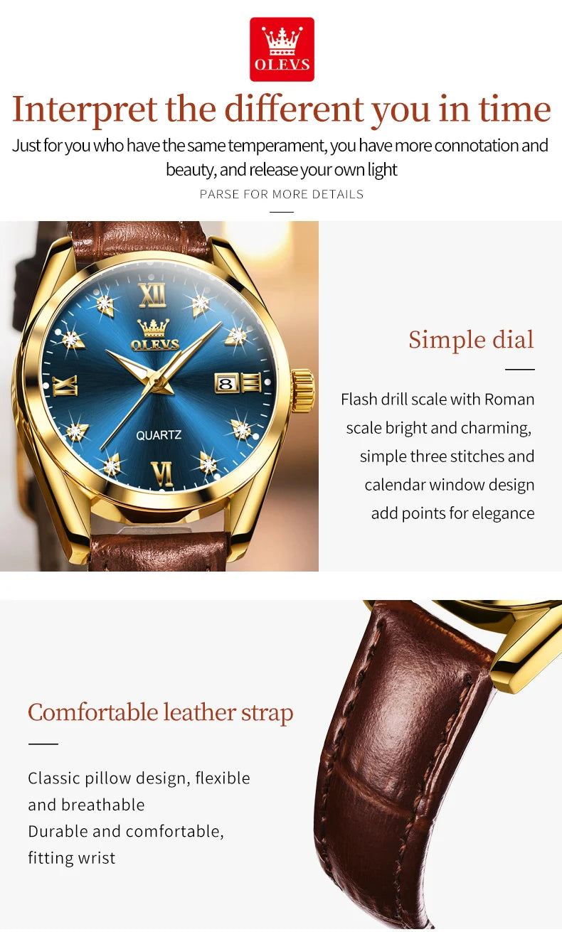 Olevs clássicos pulseira de couro relógio de quartzo para mulheres moda elegante diamante senhoras relógio à prova dwaterproof água data relógio de quartzo feminino
