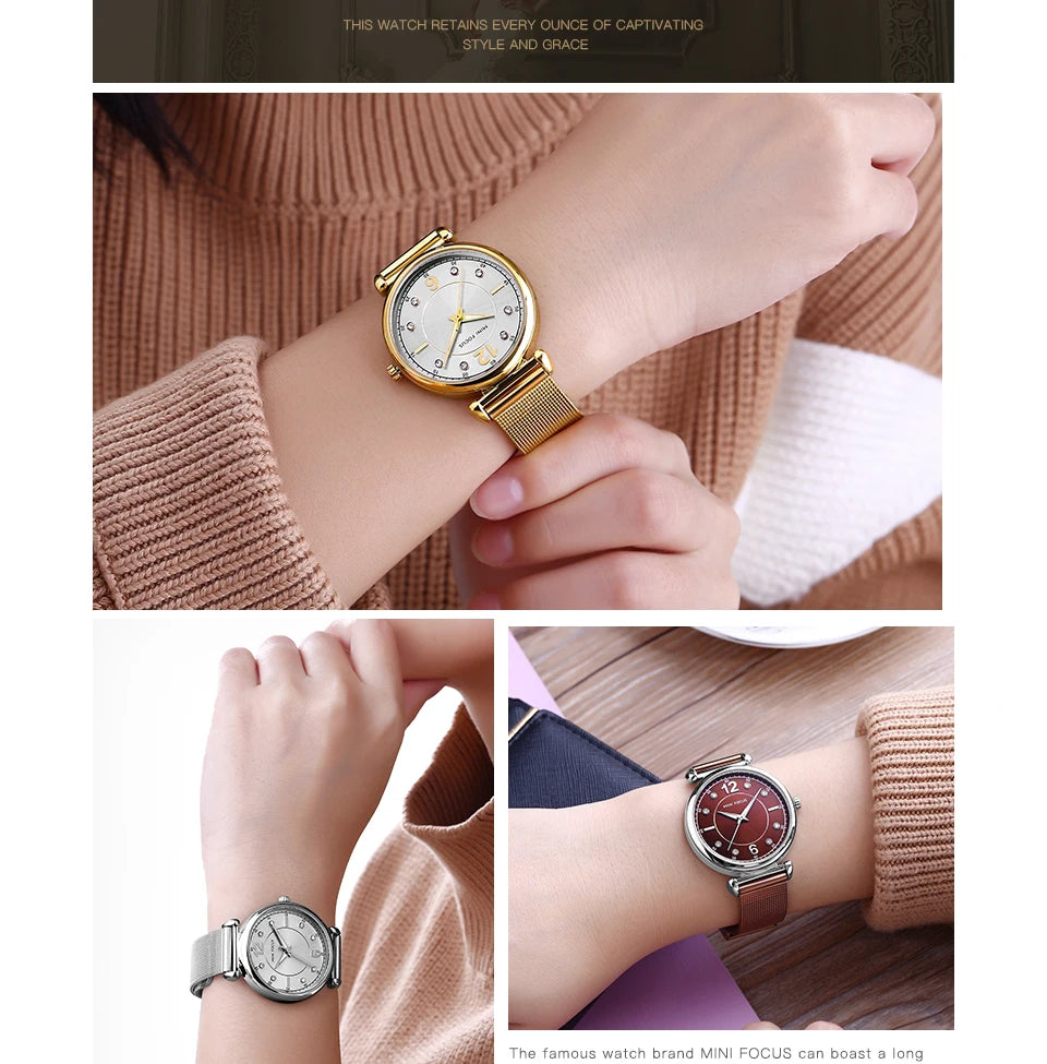 Mini foco 0177 elegante senhoras relógio de quartzo moda luminosa à prova dwaterproof água pulseira metal relógios casuais para mulher relojes de mujer
