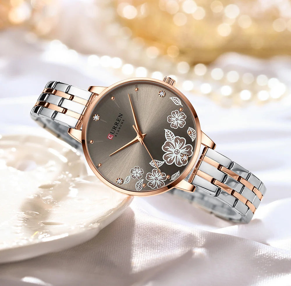 CURREN-quartzo relógios para mulheres, simples pulseira de aço inoxidável, flor Design Dial, moda