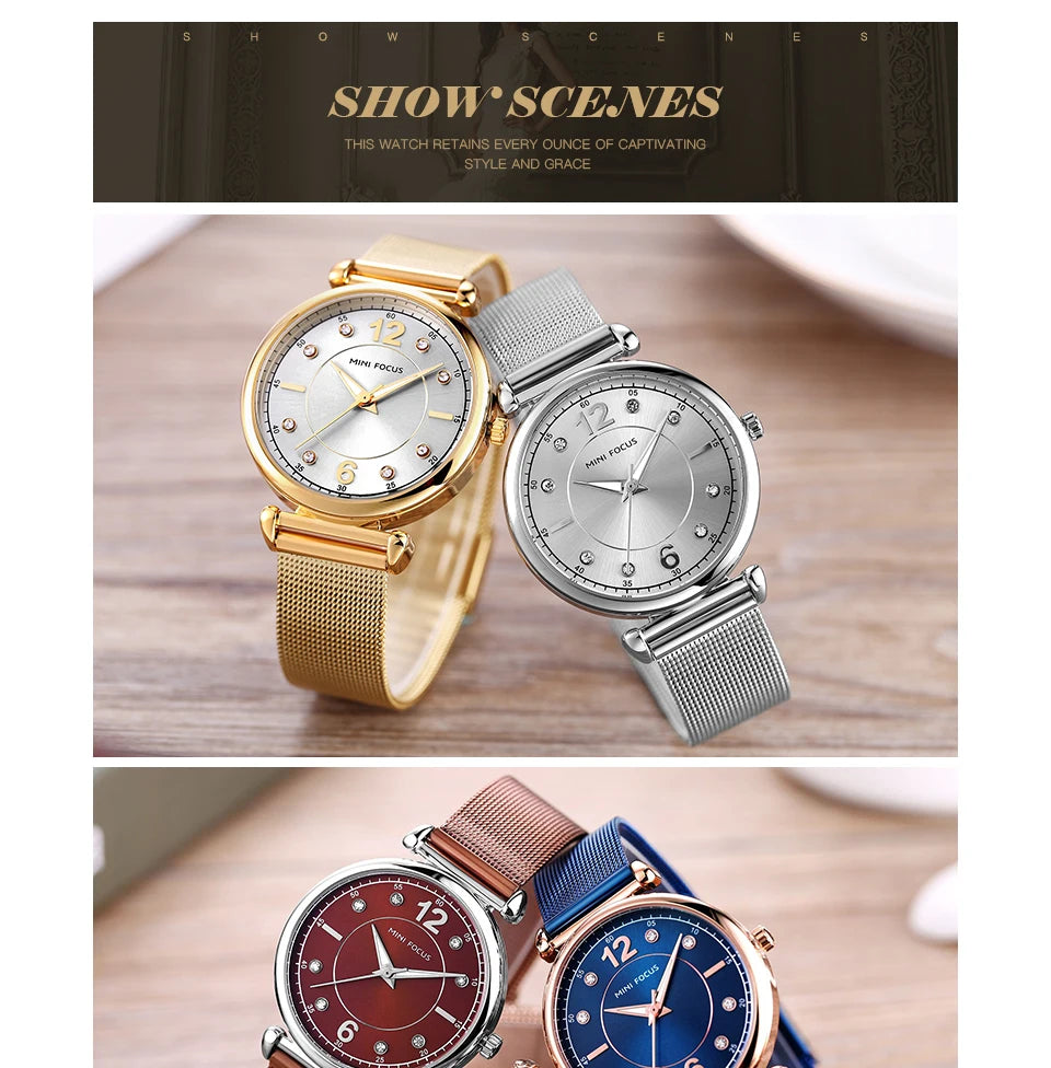 Mini foco 0177 elegante senhoras relógio de quartzo moda luminosa à prova dwaterproof água pulseira metal relógios casuais para mulher relojes de mujer