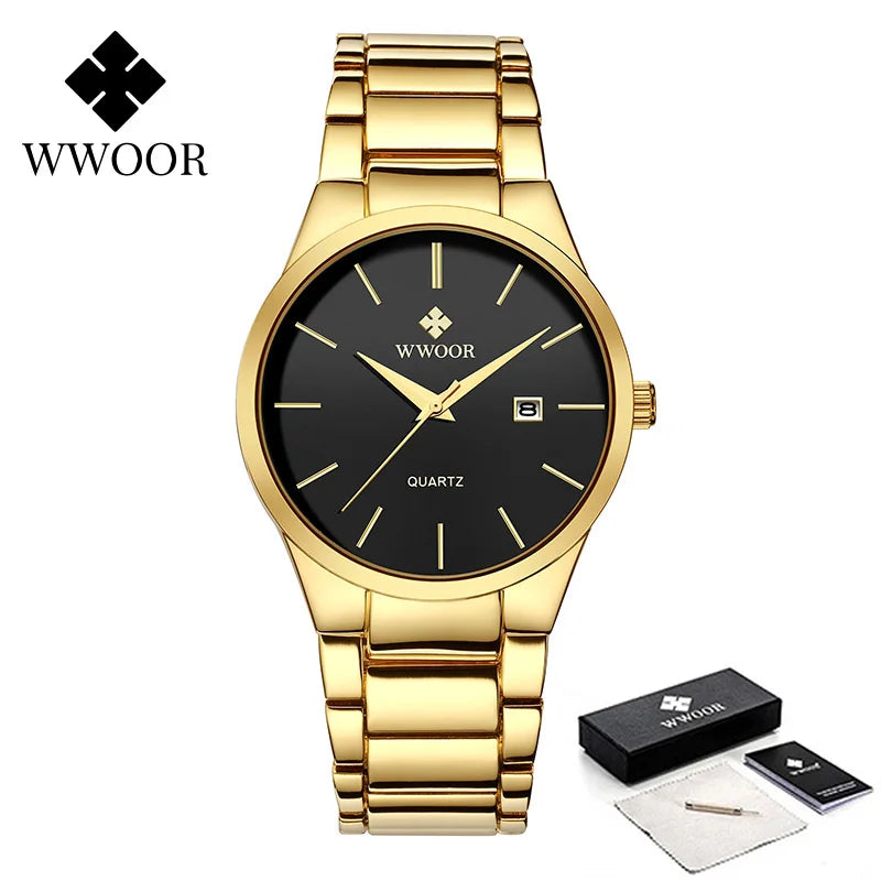 Estilo simples relógios para homens quartzo relógio de aço inoxidável wwoor relógios masculinos marca superior luxo ouro preto relógio de pulso à prova dwaterproof água