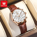 Olevs 5523 marca original relógios femininos moda à prova dwaterproof água pulseira de couro relógio de quartzo para senhora cronógrafo relógio de pulso luminoso