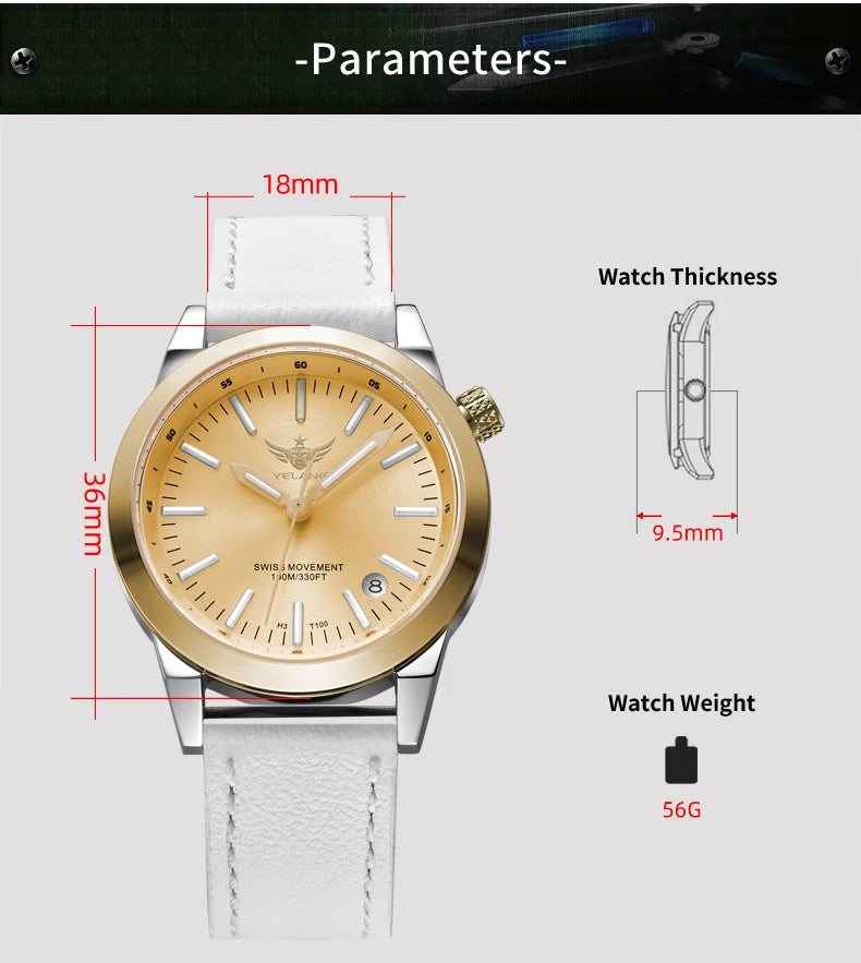 Yelang v1010 36mm relógio feminino elegante relógio de quartzo para mulheres estudante moda à prova dwaterproof água relógios safira presente luxo luminoso