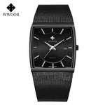 Wwoor marca superior de luxo japão movimento quartzo relógios dos homens ultra fino ouro malha aço relógio para homem quadrado à prova dwaterproof água relógio pulso