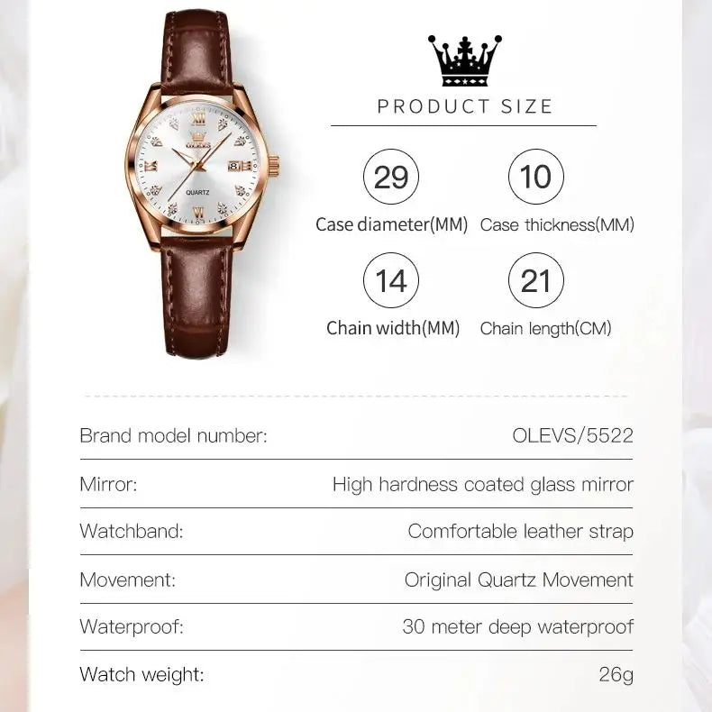Olevs clássicos pulseira de couro relógio de quartzo para mulheres moda elegante diamante senhoras relógio à prova dwaterproof água data relógio de quartzo feminino