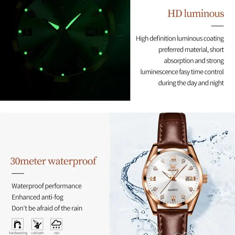 Olevs clássicos pulseira de couro relógio de quartzo para mulheres moda elegante diamante senhoras relógio à prova dwaterproof água data relógio de quartzo feminino