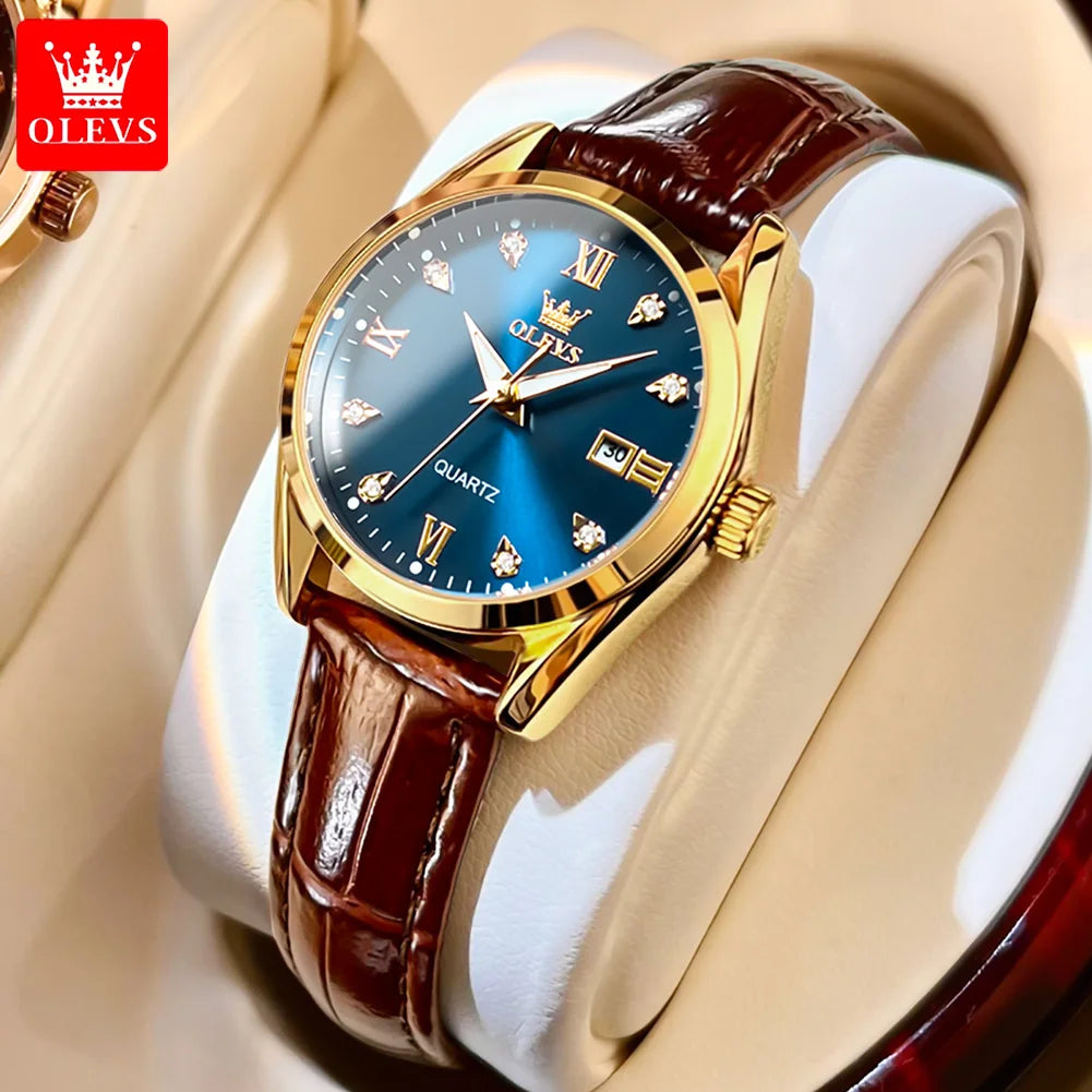 Olevs clássicos pulseira de couro relógio de quartzo para mulheres moda elegante diamante senhoras relógio à prova dwaterproof água data relógio de quartzo feminino