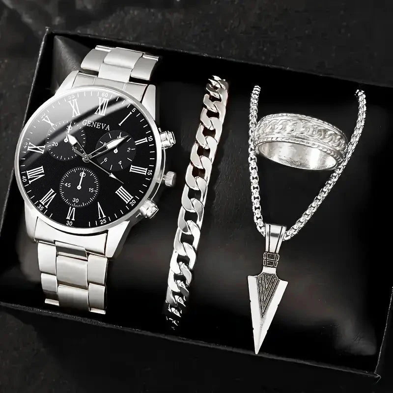 4 pçs moda masculina luxo relógio de pulso de quartzo spearhead pingente colar pulseira anel masculino negócios analógico relógios de aço inoxidável