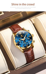 Olevs 5523 marca original relógios femininos moda à prova dwaterproof água pulseira de couro relógio de quartzo para senhora cronógrafo relógio de pulso luminoso