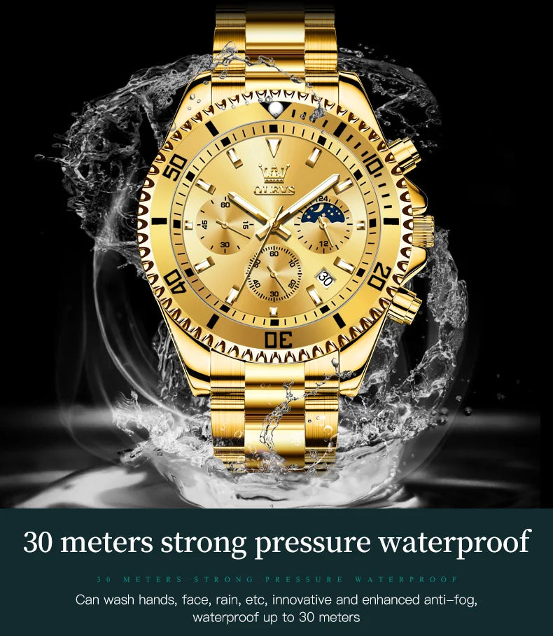 Olevs 2870 relógio masculino 42.5mm grande mostrador cronógrafo fase da lua relógios esportivos à prova dwaterproof água moda original relógio de quartzo para homem 2025