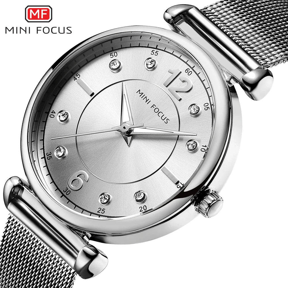 Mini foco 0177 elegante senhoras relógio de quartzo moda luminosa à prova dwaterproof água pulseira metal relógios casuais para mulher relojes de mujer