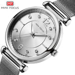 Mini foco 0177 elegante senhoras relógio de quartzo moda luminosa à prova dwaterproof água pulseira metal relógios casuais para mulher relojes de mujer