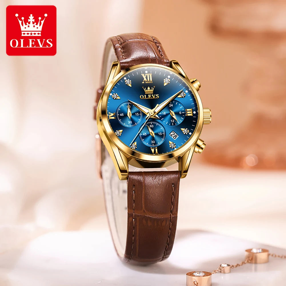 Olevs 5523 marca original relógios femininos moda à prova dwaterproof água pulseira de couro relógio de quartzo para senhora cronógrafo relógio de pulso luminoso