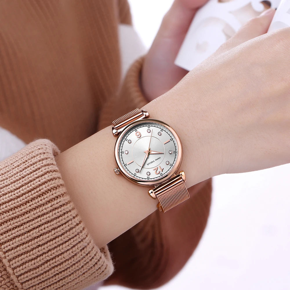 Mini foco 0177 elegante senhoras relógio de quartzo moda luminosa à prova dwaterproof água pulseira metal relógios casuais para mulher relojes de mujer