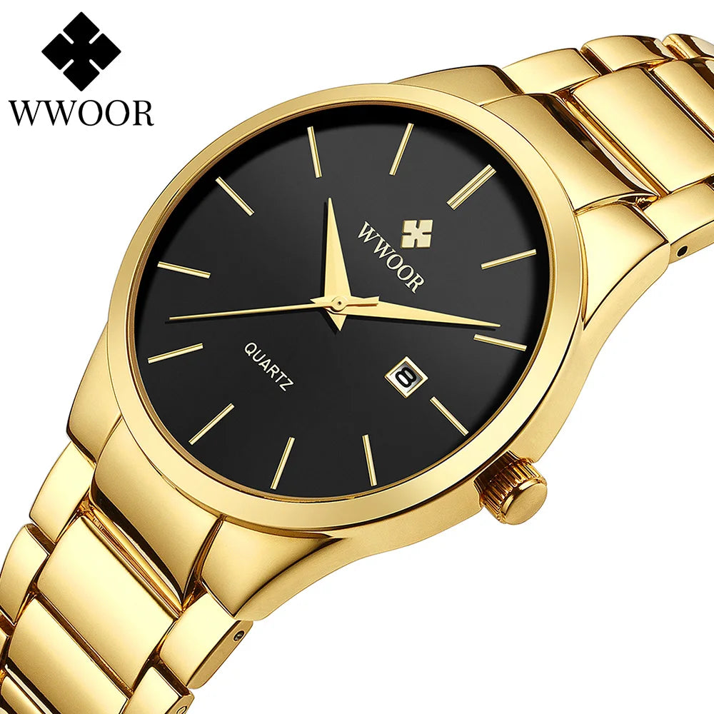 Estilo simples relógios para homens quartzo relógio de aço inoxidável wwoor relógios masculinos marca superior luxo ouro preto relógio de pulso à prova dwaterproof água