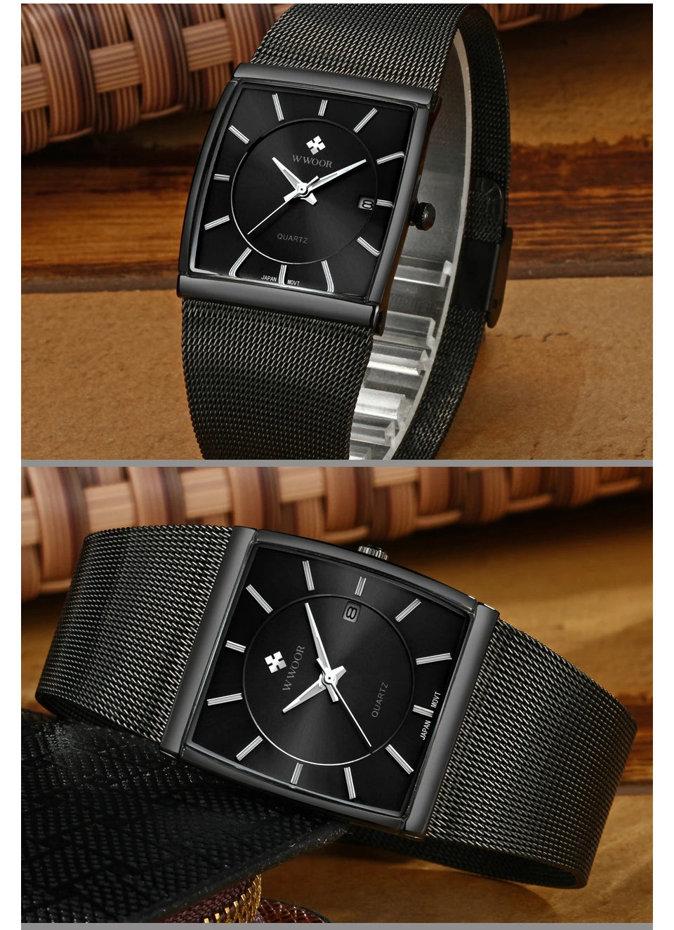 Wwoor marca superior de luxo japão movimento quartzo relógios dos homens ultra fino ouro malha aço relógio para homem quadrado à prova dwaterproof água relógio pulso