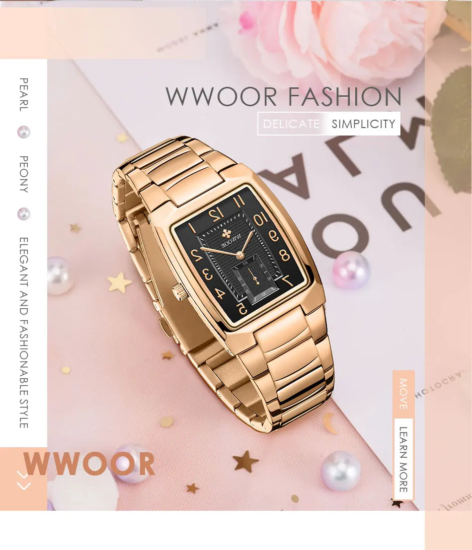 Wwoor 2024 novos relógios femininos de ouro criativo aço pulseira relógios de pulso senhoras quadrado à prova dwaterproof água feminino relogio feminino