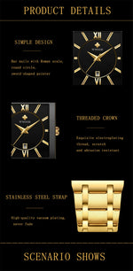 Wwoor-relógio masculino de quartzo, aço inoxidável, ouro, à prova d'água, com data quadrada, marca de luxo, para homens