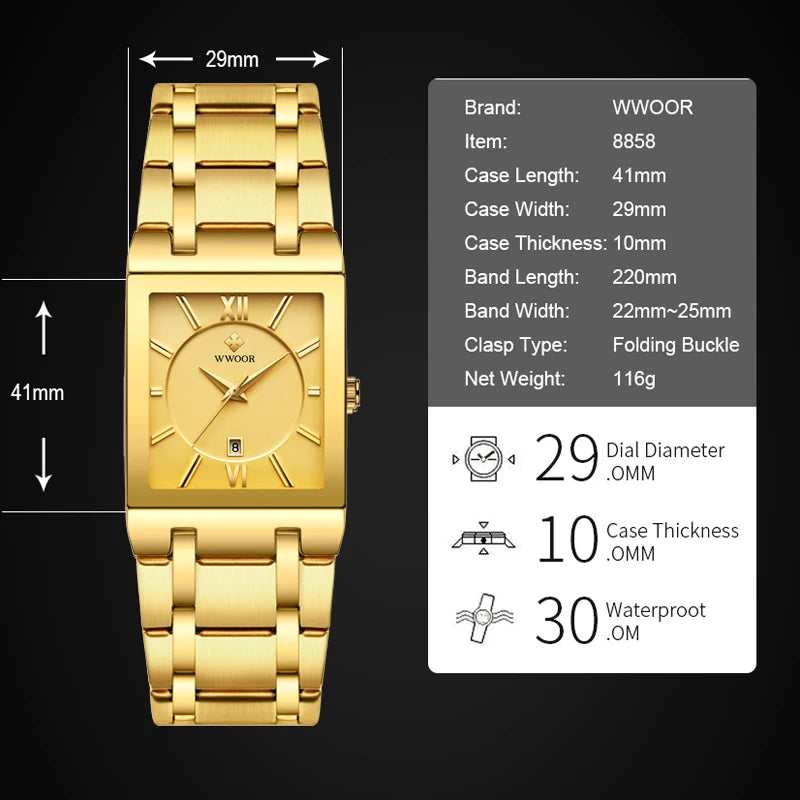Wwoor-relógio masculino de quartzo, aço inoxidável, ouro, à prova d'água, com data quadrada, marca de luxo, para homens