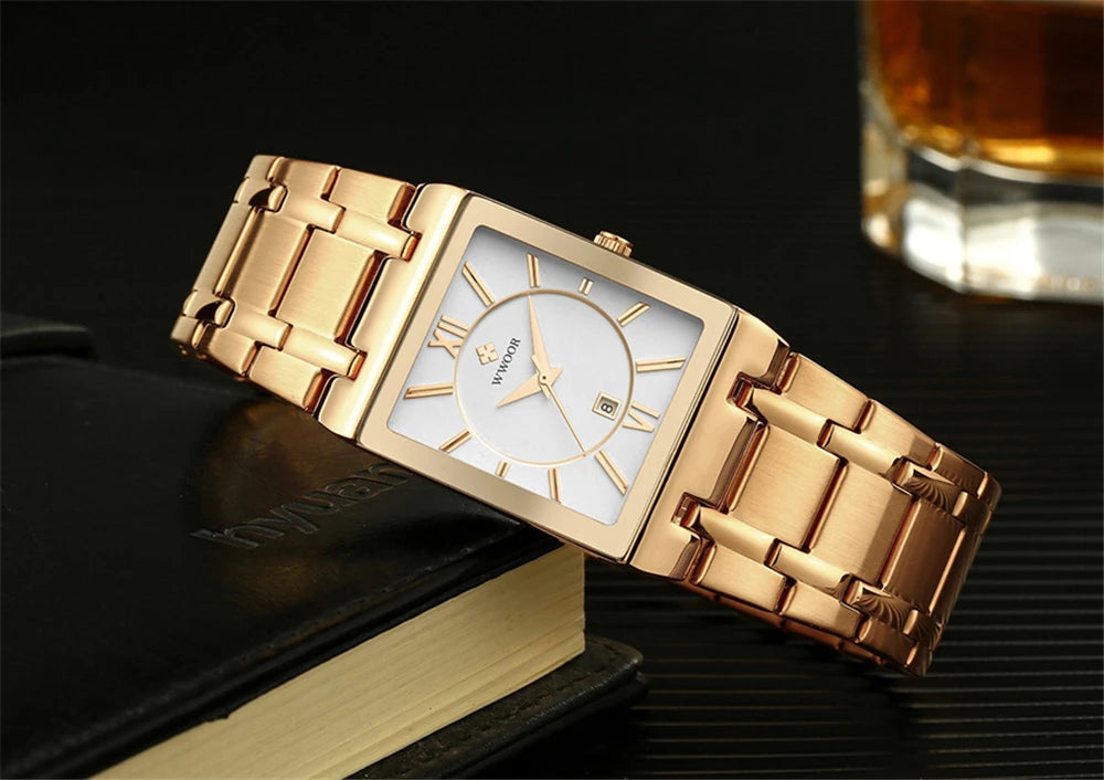 Wwoor-relógio masculino de quartzo, aço inoxidável, ouro, à prova d'água, com data quadrada, marca de luxo, para homens