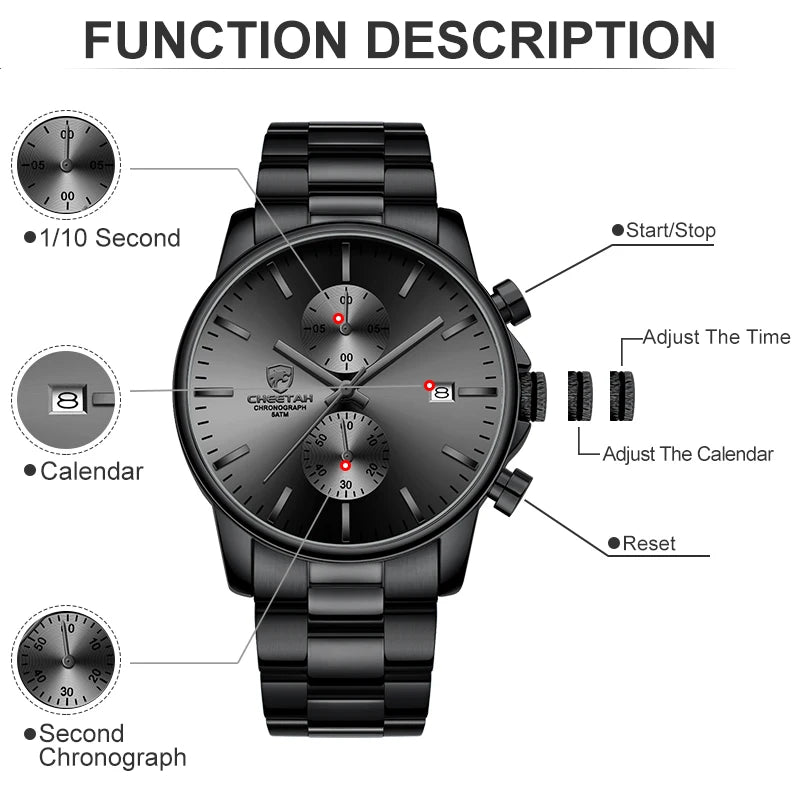 Novo cheetah relógio masculino marca de luxo negócios preto relógios quartzo dos homens à prova dwaterproof água cronógrafo esporte relógio pulso data masculino