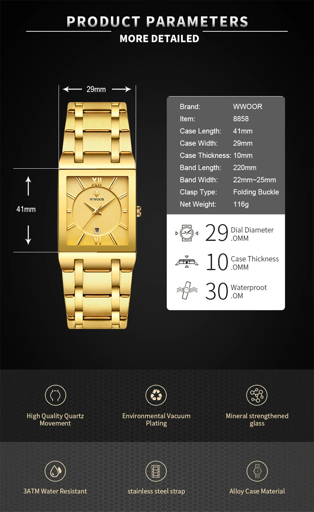 Wwoor-relógio masculino de quartzo, aço inoxidável, ouro, à prova d'água, com data quadrada, marca de luxo, para homens