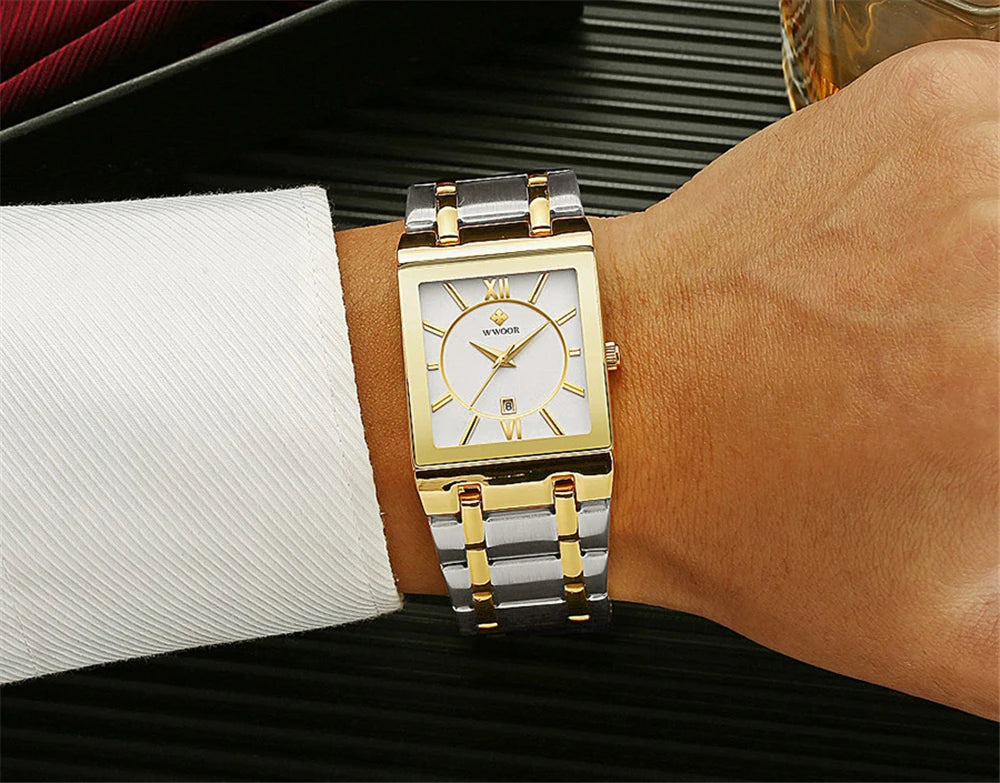 Wwoor-relógio masculino de quartzo, aço inoxidável, ouro, à prova d'água, com data quadrada, marca de luxo, para homens