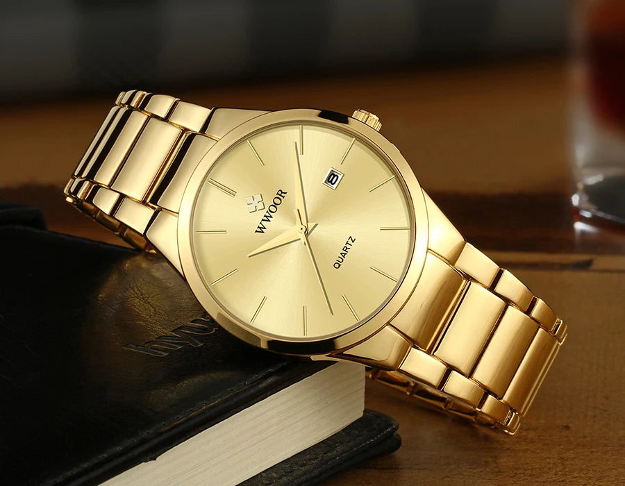 Estilo simples relógios para homens quartzo relógio de aço inoxidável wwoor relógios masculinos marca superior luxo ouro preto relógio de pulso à prova dwaterproof água