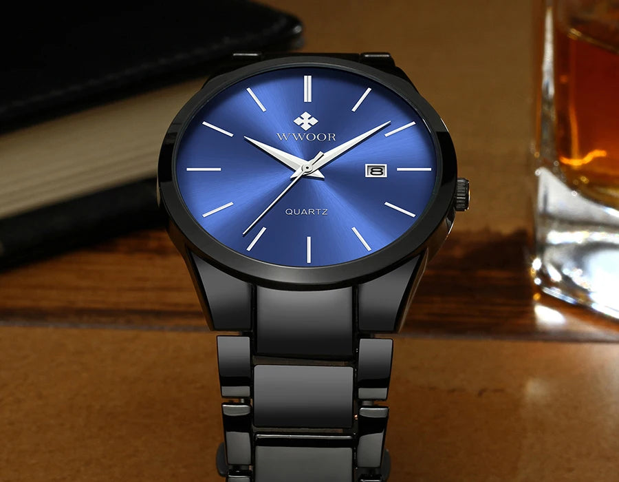 Estilo simples relógios para homens quartzo relógio de aço inoxidável wwoor relógios masculinos marca superior luxo ouro preto relógio de pulso à prova dwaterproof água