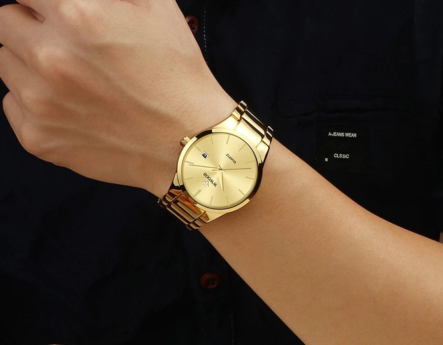Estilo simples relógios para homens quartzo relógio de aço inoxidável wwoor relógios masculinos marca superior luxo ouro preto relógio de pulso à prova dwaterproof água