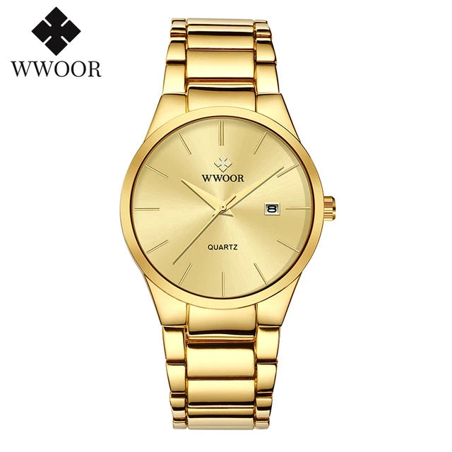 Estilo simples relógios para homens quartzo relógio de aço inoxidável wwoor relógios masculinos marca superior luxo ouro preto relógio de pulso à prova dwaterproof água
