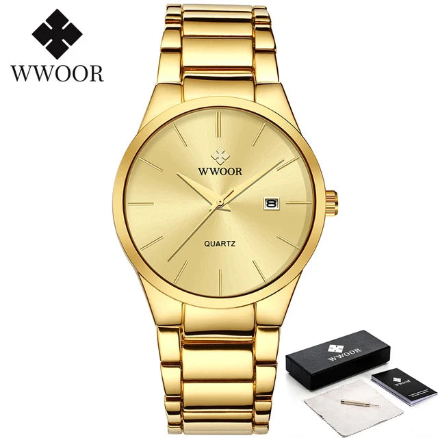 Estilo simples relógios para homens quartzo relógio de aço inoxidável wwoor relógios masculinos marca superior luxo ouro preto relógio de pulso à prova dwaterproof água