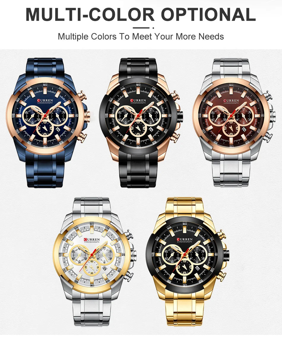 Curren relógios masculinos marca superior grande esporte relógio de luxo militar aço quartzo relógios pulso cronógrafo design ouro relógio masculino