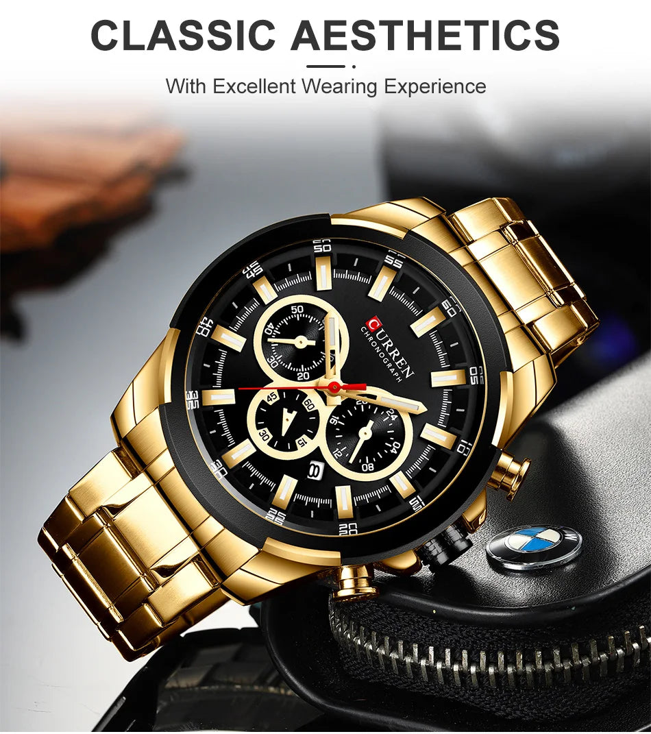 Curren relógios masculinos marca superior grande esporte relógio de luxo militar aço quartzo relógios pulso cronógrafo design ouro relógio masculino