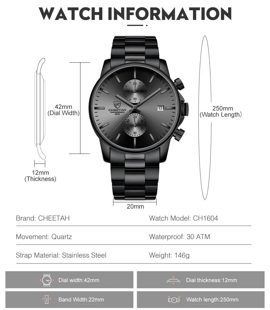 Novo cheetah relógio masculino marca de luxo negócios preto relógios quartzo dos homens à prova dwaterproof água cronógrafo esporte relógio pulso data masculino