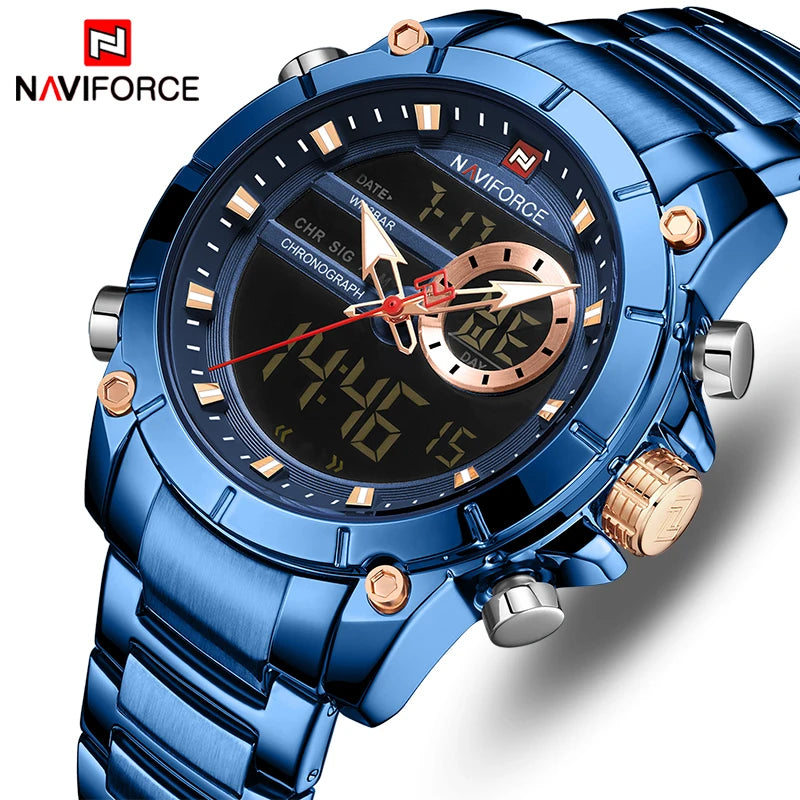 Naviforce relógios masculino militar esportes relógio de pulso alta qualidade luxo quartzo aço dupla exibição relógio masculino relogio masculino