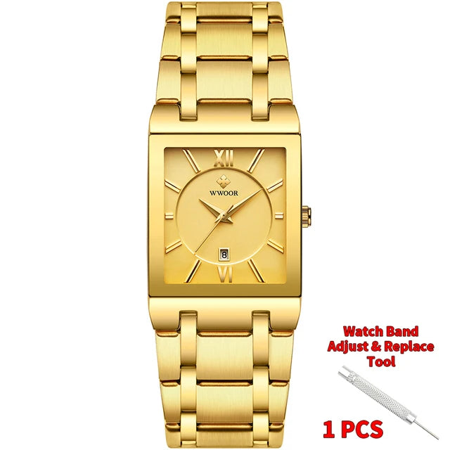 Wwoor-relógio masculino de quartzo, aço inoxidável, ouro, à prova d'água, com data quadrada, marca de luxo, para homens