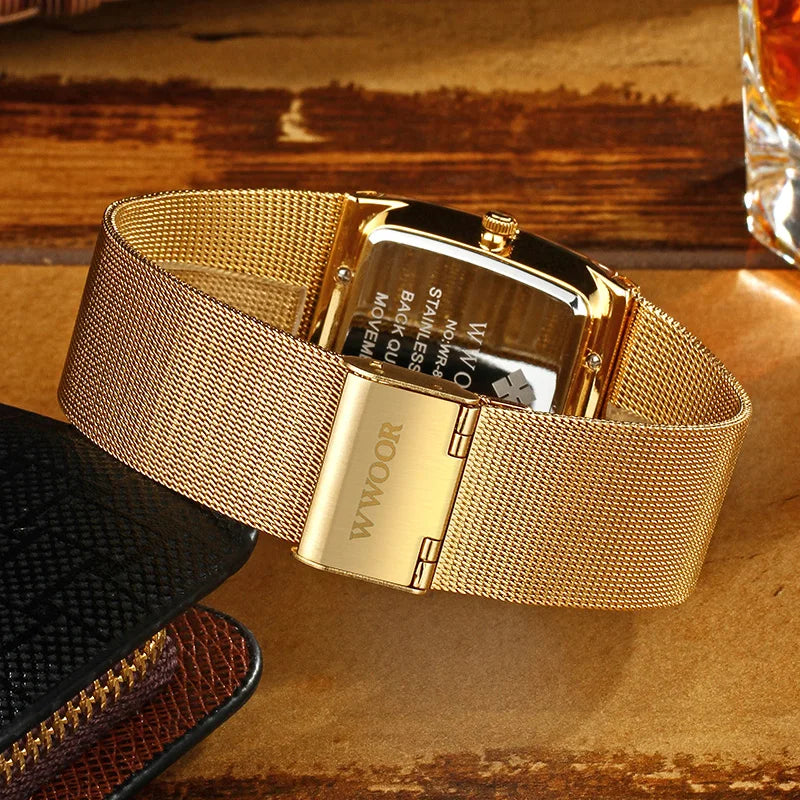 Wwoor marca superior de luxo japão movimento quartzo relógios dos homens ultra fino ouro malha aço relógio para homem quadrado à prova dwaterproof água relógio pulso