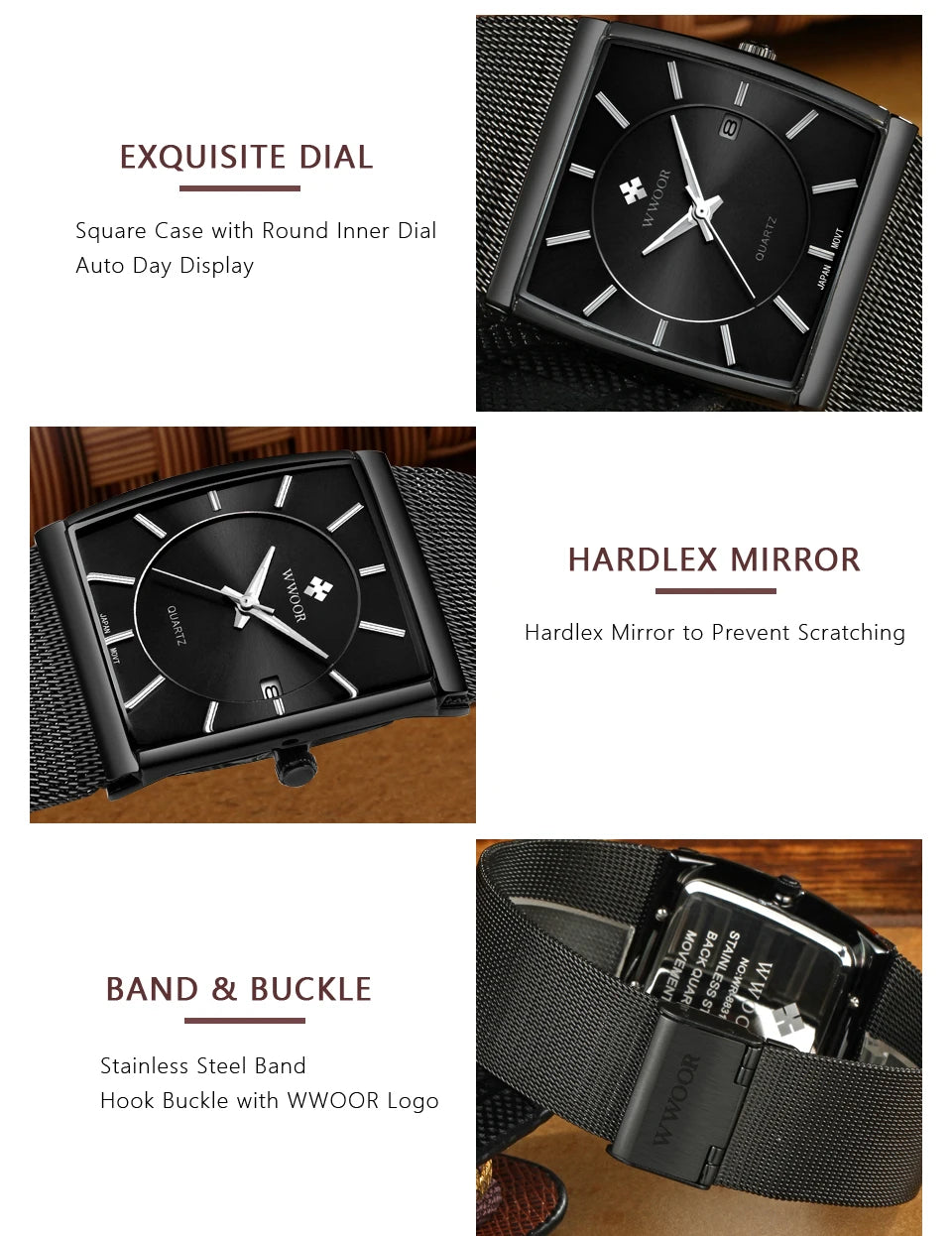 Wwoor marca superior de luxo japão movimento quartzo relógios dos homens ultra fino ouro malha aço relógio para homem quadrado à prova dwaterproof água relógio pulso